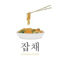 koreanska sida maträtt japchae vektor illustration logotyp redo till äta med ätpinnar