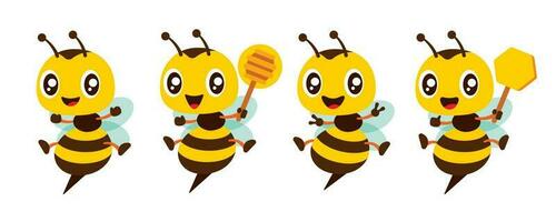 Karikatur süß Biene mit anders posiert Maskottchen einstellen halten Bienenwabe, Honig Schöpflöffel und Sieg Zeichen Geste Illustration Sammlung eben Design Vektor