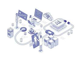 doktorer och forskare använder sig av innovativ teknik för medicin och sjukvård, artificiell intelligens i sjukvård linjär isometrisk illustration vektor