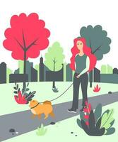 kvinna gående med en hund i de parkera. vektor illustration med en kvinna med en pomeranian i de parkera.