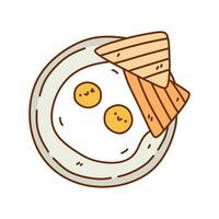 süß gebraten Eier mit und Toast auf ein Teller isoliert auf Weiß Hintergrund. Vektor handgemalt Illustration im kawaii Gekritzel Stil. perfekt zum verschiedene Entwürfe, Karten, Dekorationen, Logo, Speisekarte, Rezepte.