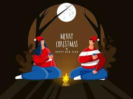 jung Paar tragen Santa Hut und genießen Getränke im Vorderseite von Lagerfeuer auf voll Mond braun Natur Aussicht Hintergrund zum fröhlich Weihnachten und glücklich Neu Jahr Feier. vektor