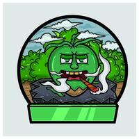 Karikatur Maskottchen von Kokosnuss Charakter tun Rauchen im Dschungel. leer Zeichen und Kreis Logo. vektor