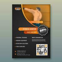 Fitness Center Netz Poster oder Vorlage Design mit Rabatt Angebot und Illustration Mann Fitness trainieren auf abstrakt Hintergrund. vektor