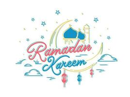 Kalligraphie Ramadan kareem Text mit Halbmond Mond, Moschee und hängend Arabisch Laternen dekoriert auf Weiß Hintergrund. vektor
