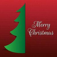 glad jul firande hälsning kort design med papper skära stil xmas träd på röd bakgrund. vektor