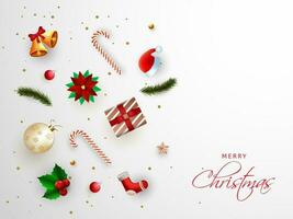 fröhlich Weihnachten Gruß Karte Design mit Festival Elemente eine solche wie klimpern Glocke, Flitter, Stechpalme Beere, Santa Hut und Geschenk Box dekoriert auf Weiß Hintergrund. vektor