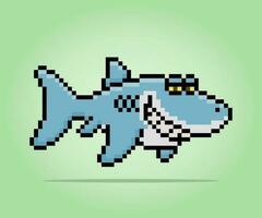 8 bitars pixlar av haj. djur för tillgångsspel och korsstygnsmönster i vektorillustrationer. vektor