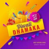 Diwali Dhamaka Poster oder Vorlage Design mit Rabatt Angebot und Kracher Element auf Orange und lila Hintergrund. vektor