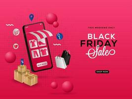 schwarz Freitag Verkauf Poster Design mit E-Shop im 3d Smartphone, Geschenk Kisten, Einkaufen Taschen auf dunkel Rosa Halbton Hintergrund. vektor
