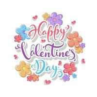 Aufkleber Stil glücklich Valentinstag Tag Schriftart dekoriert mit bunt Blumen und Herzen auf Weiß Hintergrund. vektor