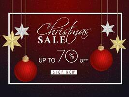 Weihnachten Verkauf Banner oder Poster Design mit Rabatt Angebot, Flitter Bälle und Sterne hängen dekoriert auf braun Hintergrund. vektor