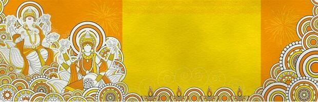 linje konst stil illustration av gudinna lakshmi och herre ganesha på blommig och oljetänd lampa abstrakt mönster bakgrund för diwali festival firande. rubrik eller baner design. vektor