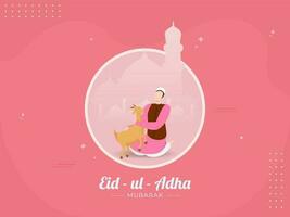 eid-ul-adha Mubarak Schriftart mit Muslim Mann halten Karikatur Ziege auf Moschee Etikette und Rosa Hintergrund. vektor