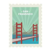 Illustration von golden Tor mit Strahlen und Berg Hintergrund zum san Francisco Briefmarke, Etikette oder Aufkleber Design. vektor