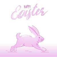Lycklig påsk font med söt kanin löpning på rosa och vit bakgrund. vektor