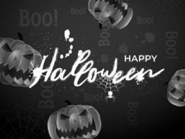 glücklich Halloween Banner oder Poster Design dekoriert mit unheimlich Kürbisse und Spinne Netz auf grau Boo Text Muster Hintergrund. vektor