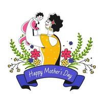 illustration av kvinna spelar henne bebis med blommor och löv på vit bakgrund för Lycklig kvinnors dag firande. vektor