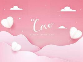 Rosa Papier Schnitt wellig Hintergrund dekoriert mit Origami Herz geformt Luftballons und Wolken zum Liebe, glücklich Valentinstag Tag Feier. vektor