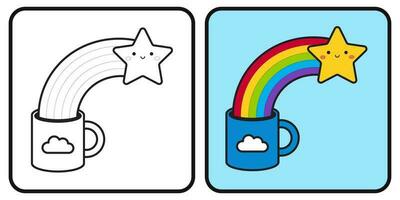 Färbung Buch zum Kinder. Tasse, Regenbogen und Stern. Vektor Clip Art. Vektor Illustration.