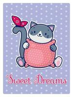 ein süß Karikatur grau Katze hält ein Rosa Kissen im es ist Pfoten. Katze und Schmetterling. Süss Träume. Vektor Postkarte.