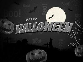 kreativ Text von glücklich Halloween mit unheimlich Kürbisse dekoriert auf voll Mond Nacht Friedhof Hintergrund. können Sein benutzt wie Poster Design. vektor