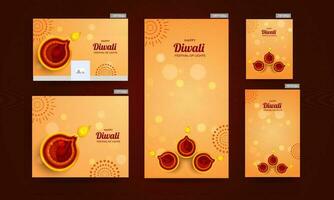 einstellen von Poster und Vorlage Design dekoriert mit oben Aussicht von beleuchtet Öl Lampen zum glücklich Diwali Feier Konzept. vektor