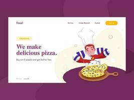 Netz Banner oder Landung Seite Design mit Koch Charakter präsentieren Pizza auf schwenken und gegeben Botschaft wir machen köstlich Pizza. vektor