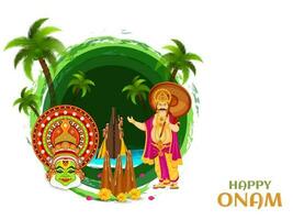 glücklich Onam Poster oder Banner Design mit Illustration von Kathakali Tänzer Gesicht, König mahabali und Thrikkakara appan auf Grün kreisförmig abstrakt Hintergrund. vektor