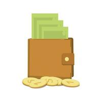 Geld im das Geldbörse. Grün Papier Banknoten und metallisch Münzen, Gold Farbe. eben Design. vektor