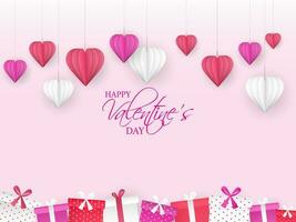 glücklich Valentinstag Tag Feier Konzept mit hängend Papier Schnitt Herzen und Geschenk Kisten dekoriert auf Rosa Hintergrund. vektor