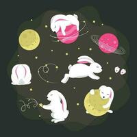 ein Sammlung von Kaninchen spielen im Raum mit das Mond und das Mond. vektor