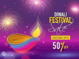 Diwali Festival Verkauf Banner oder Poster Design mit Rabatt Angebot und Öl Lampe auf lila Bokeh Feuerwerk Hintergrund. vektor