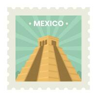 mexico resa stämpel, klistermärke eller biljett design med orange mayan tempel över grön strålar bakgrund. vektor