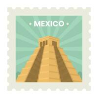 Mexiko Reise Briefmarke, Aufkleber oder Fahrkarte Design mit Orange Maya Tempel Über Grün Strahlen Hintergrund. vektor