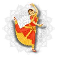 ung skön indisk kvinna dansare utför bharatnatyam på vit mandala mönster bakgrund. vektor