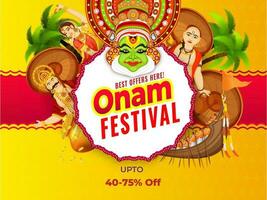 Verkauf Banner oder Poster Design mit Rabatt Angebot, Illustration von zeigen Kultur und Tradition von Kerala zum Onam Festival Feier Konzept. vektor