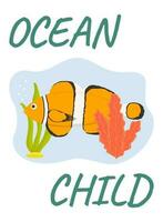 Vektor Illustration. Sommer- Ozean Kind Postkarte Vorlage mit Fisch.