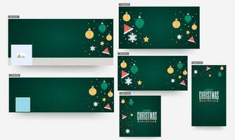 grön rubrik eller baner, affisch och mall design dekorerad med origami papper grannlåt, fest hattar, stjärnor och snöflingor för glad jul och Lycklig ny år. vektor