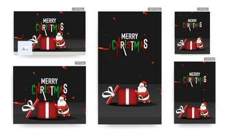 social media affisch och mall design uppsättning med illustration av santa claus skjuta på en öppen gåva låda på svart bakgrund för glad jul firande. vektor