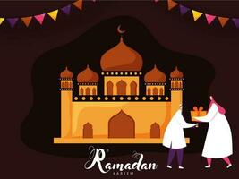 Muslim Frau gegeben Geschenk Box zu Mann im Vorderseite von Moschee auf braun Hintergrund zum Ramadan kareem Feier. vektor