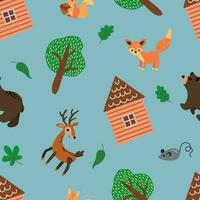 nahtlos Muster mit Wald Hütte, Tiere und Bäume. Design zum Stoff, Textil, Hintergrund, Verpackung. vektor
