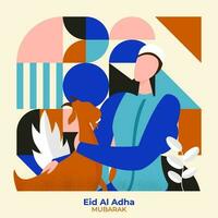 Muslim Gemeinschaft Festival eid al adha Mubarak Konzept mit modern Karikatur Charakter von Mann halten Ziege auf abstrakt Sahne Farbe Hintergrund. eid-al-adha Mubarak Poster oder Banner Design. vektor