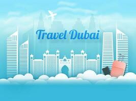 Papier Schnitt stilvoll Blau Poster oder Banner Design mit Illustration von Dubai berühmt Gebäude vektor