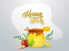 jüdisch Neu Jahr, Shana tova Festival Karte oder Poster Design mit Illustration von Honig Krug, tropft Stock und Apfel auf grau Hintergrund. vektor