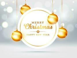 glad jul och Lycklig ny år text i cirkulär ram med hängande grannlåt dekorerad på vit bokeh effekt bakgrund. kan vara Begagnade som hälsning kort design. vektor