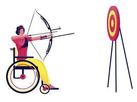 Behinderung Mann nehmen Ziel von Bogen Pfeil im Dartscheibe auf Weiß Hintergrund. vektor