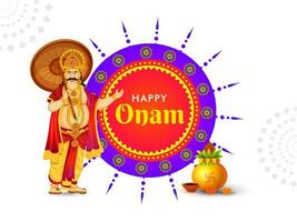 glücklich Onam Festival Karte oder Poster Design mit Illustration von König mahabali mit Öl Lampe und Kalash Topf auf Weiß Hintergrund. vektor