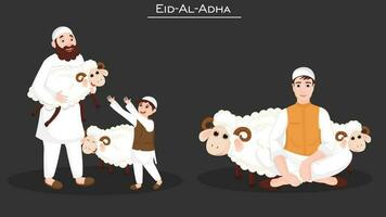 Illustration von Muslim Männer opfern Schaf Tiere auf schwarz Hintergrund zum eid-al- adha islamisch Festival Konzept. vektor
