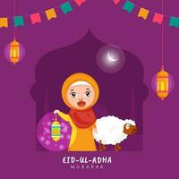 eid-ul-adha mubarak affisch design med muslim flicka innehav upplyst lykta, tecknad serie får och halvmåne måne på mörk magenta silhuett moské bakgrund. vektor